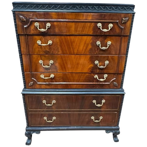 French Provincial Style Flame Mahogany Tall Boy Dresser with Black Edge Detail (21" x 37" x 54" tall