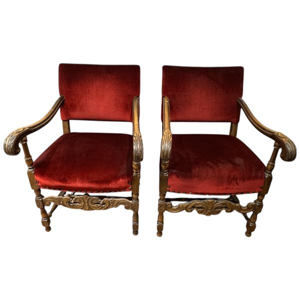 Pair of Baroque Walnut Side Chairs with Red Velvet Upholstery