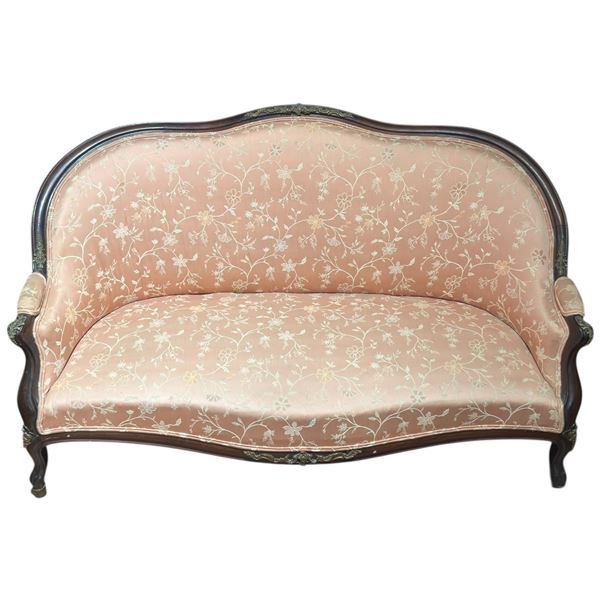 Victorian Style Sette with Satin Finish Floral Upholstery and Carved Wood Frame (62" long)