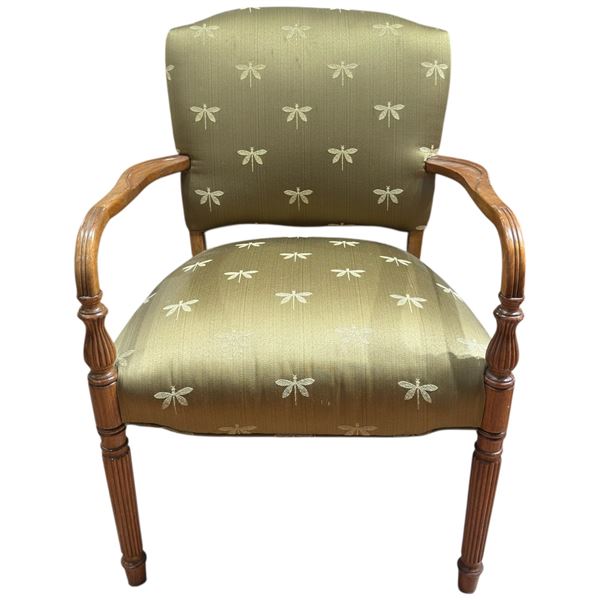 Vintage Wood Armchair with Green Satin-like Dragonfly Upholstery