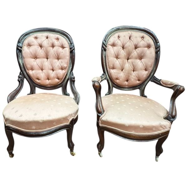 Pair of Vintage Cameo Back Mahogany Chairs with Pink Bumble Bee Upholstery