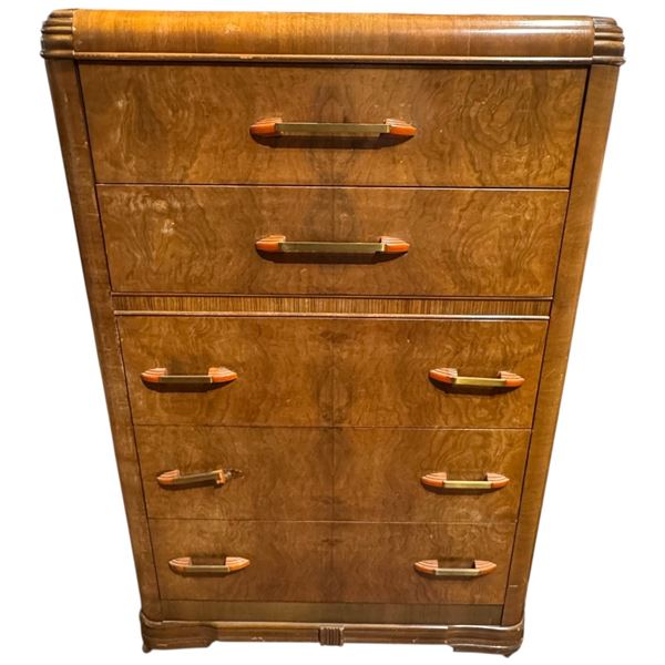 1940s Waterfall Veneer High Boy Dresser with Brass & Bakelite Handles (18" x 36" x 55" tall)