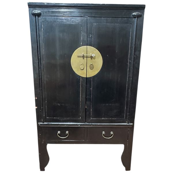 Black Asian Style Cabinet with Brass Fittings - Hinge needs repair (22" x 41" x 69" tall)