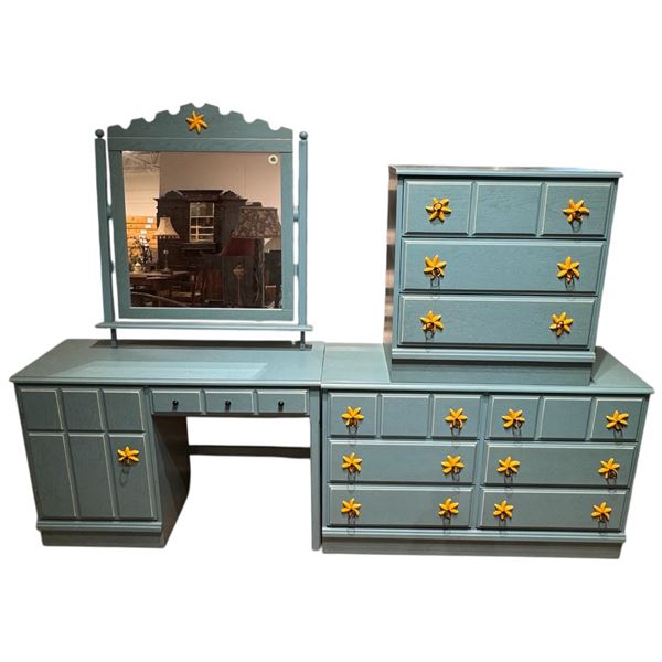 3 Piece Wood Dresser Set Painted Bright Blue with Starfish Pulls (Vanity Table, 6 Drawer Dresser &