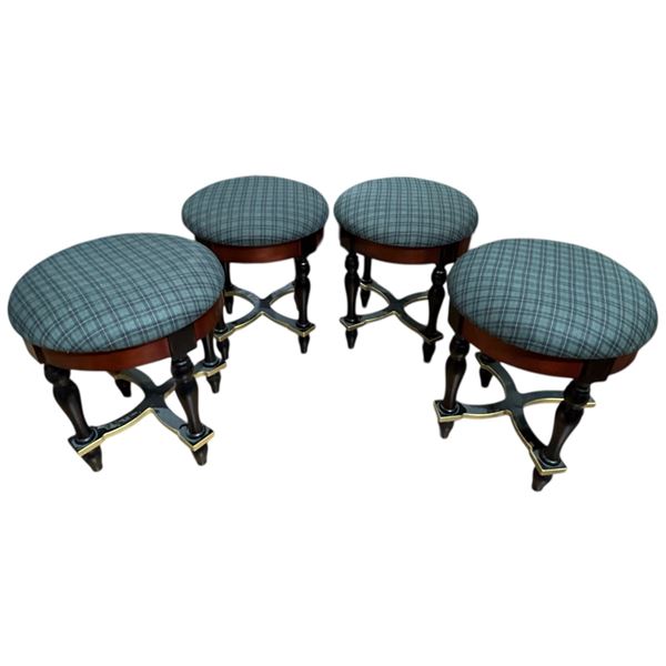 Four 17" Tall Wood Stools with Plaid Upholstered Tops