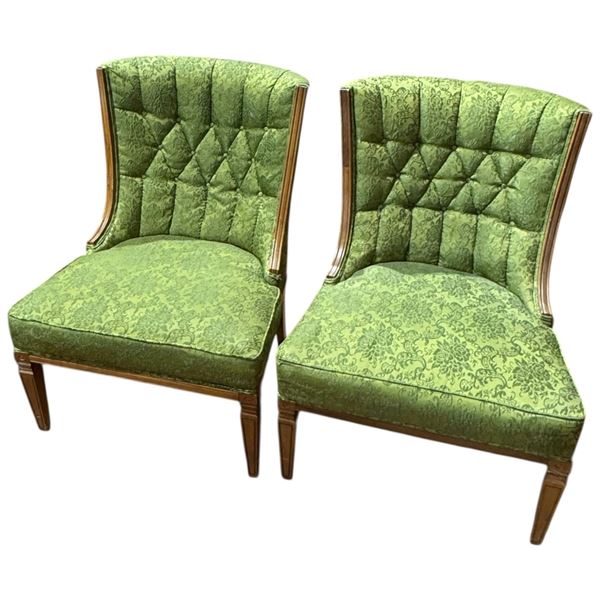 Pair of Vintage Button Back Parlour Chairs with Green Jacquard Upholstery