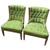 Image 1 : Pair of Vintage Button Back Parlour Chairs with Green Jacquard Upholstery