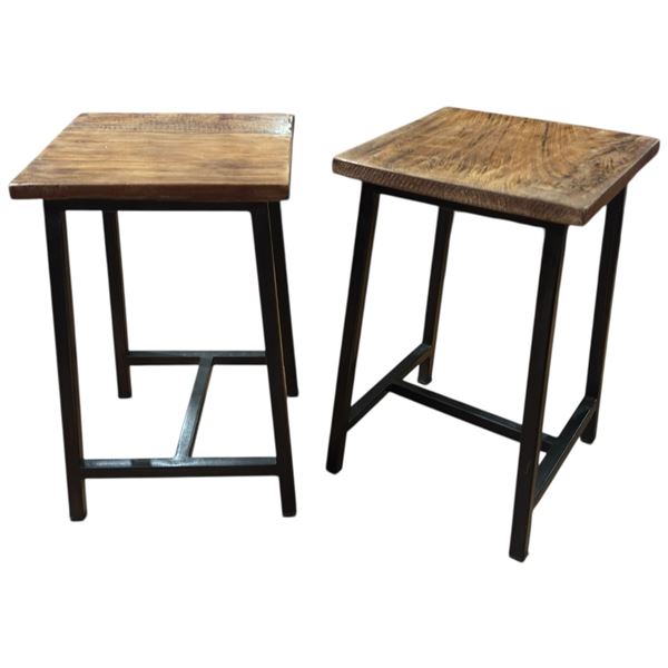 Pair of Rustic Wood Toped End Tables with Black Iron Frames (11" x 11" x 18" tall)