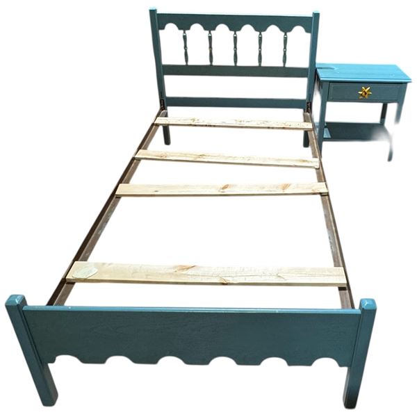 Twin Bed and Nightstand Painted Blue with Starfish Pull * Companion Pieces to Lot 55