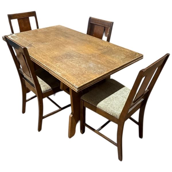 Vintage Oak Extension Leaf Table with 6 Wood with Chenille Seats Chairs