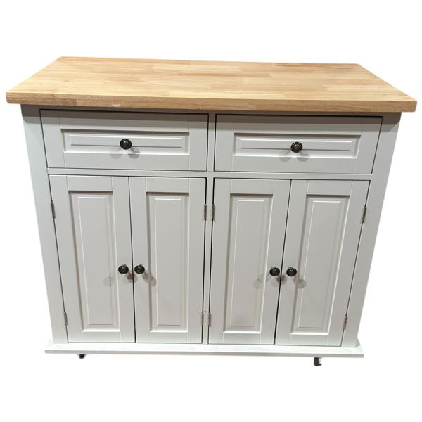 White Kitchen Islan Cabinet on Casters - Pine Look Top (18" x 36" x 32" tall)