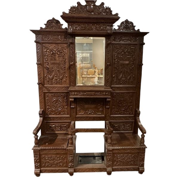 Large Renaissance Revival Hall Stand With Storage Under Seats (17" D x 62" W x 89" H) Missing one c