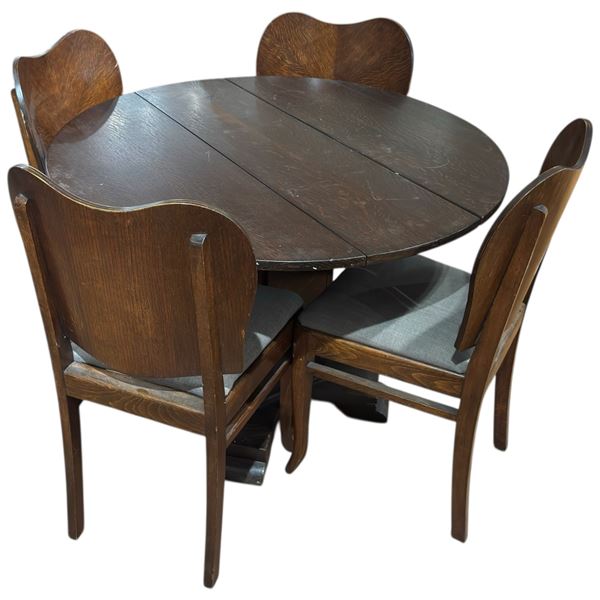 Dark Wood Mennonite Style Pedestal Games Drop Leaf Table with 4 Curved Back Upholstered Chairs