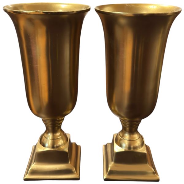 Pair of Brass Tone Vases Cast Metal Material Tall