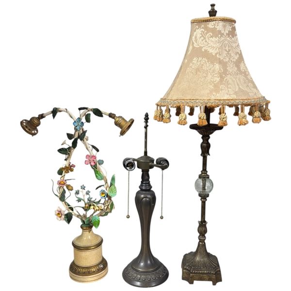Trio of Lamps: Italian Tole Floral Wreath, Double Socket Bronze & Brass W Crystal Ball Accent