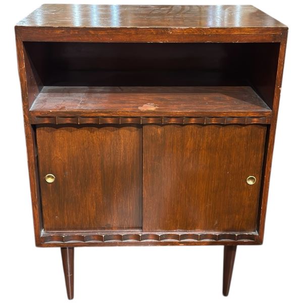 Mid Century Wood Record Cabinet with Sliding Doors & Collection of Vintage Records