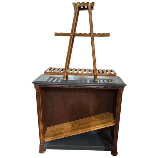 Vintage Oak Bookcase Painted Tops & Sides Oak Accents 40x13x38 & 3-Tier a-Frame Wood Plant Stand