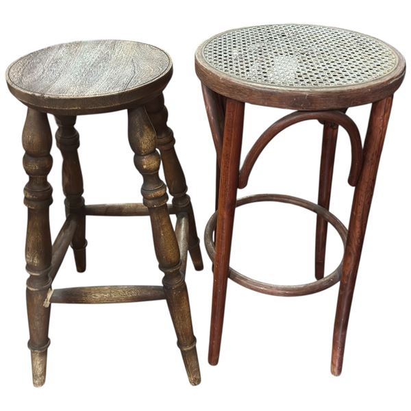 Pair of Mismatched Bar Stools Wood Spindle Tall & Bentwood Frame Rattan Seat