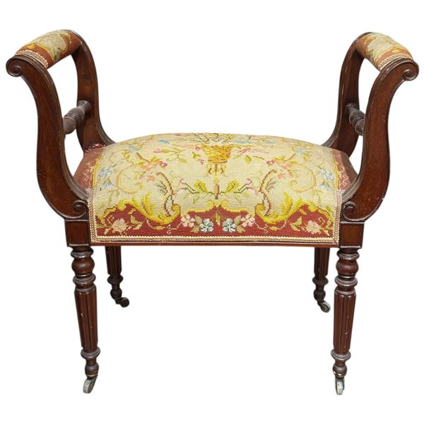 Victorian Revival Parlor Setting Style Straw Filled Winged Arm Bench with Needle Point Upholstery