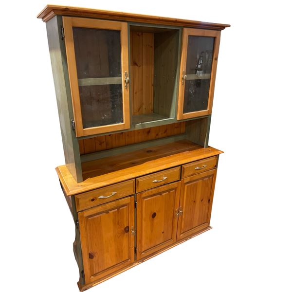 Rustic Pint Kitchen Hutch Cabinet with Green Wash Colour on Sides Two Piece Unit