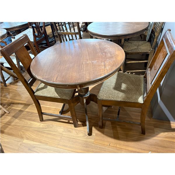 Wooden Pub Style Round Top Pedestal Base Dining Table & Two Woven Rush Chairs
