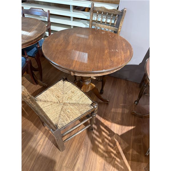 Wooden Pub Style Round Top Pedestal Base Dining Table & Two Woven Rush Chairs