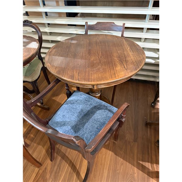 Wooden Pub Style Round Top Pedestal Base Dining Table & Two Regency Style Chairs