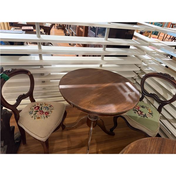 Wooden Pub Style Round Top Pedestal Base Dining Table & Two Embroidered Balloon Back Chairs