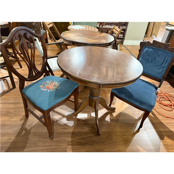 Wooden Pub Style Dining Set Featuring a Round Top Pedestal Base Table and Two Matching Chairs