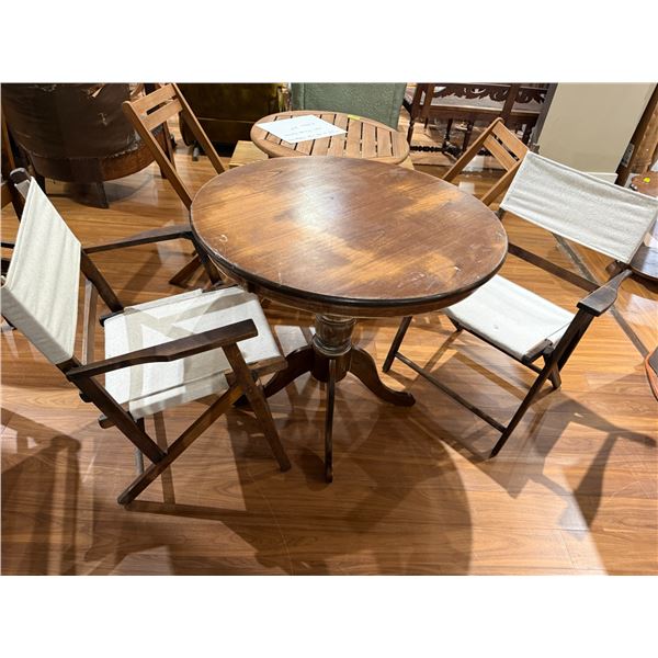 Wooden Pub Style Round Top Pedestal Base Dining Table & Two Canvas Back Folding Chairs