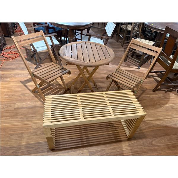 Outdoor Teak Table & Two Matching Chairs W Modern Slatted Bamboo Bench