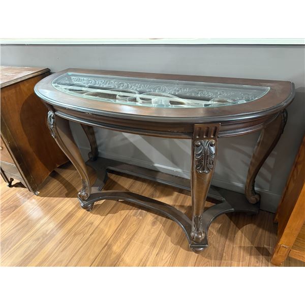 Reproduction Traditional Style Dark Brown Sofa Console Table Glass Top & Carved Legs