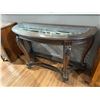 Image 1 : Reproduction Traditional Style Dark Brown Sofa Console Table Glass Top & Carved Legs