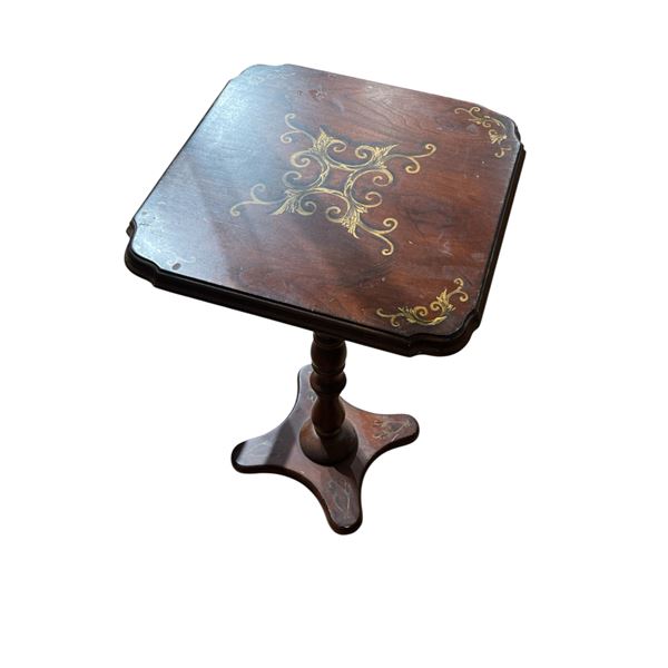 Small Flip Top Wood Pedestal Table with Folk Art Painted Scrolls