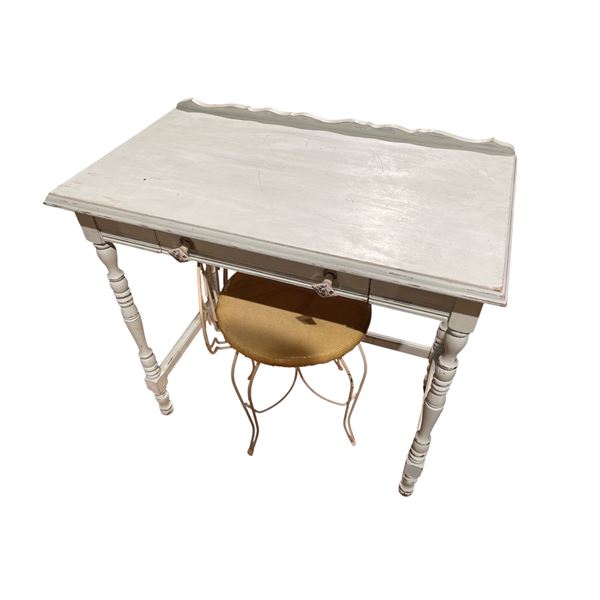 Vintage Ladies Light Blue Wood Table with Short Backed Wire Chair