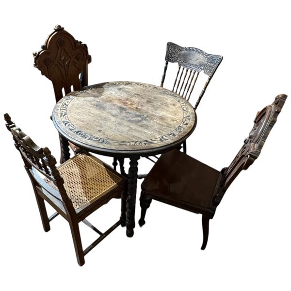 Antique Table Barley Twist Legs Carved Top Tall & 4 Mixed Style Chairs
