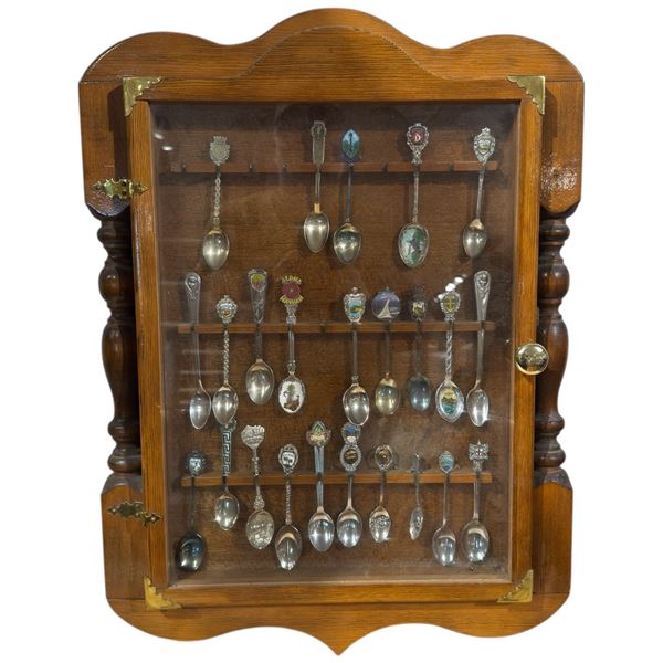 Collection of Souvenir Spoons & Wooden Display Case Assorted Designs