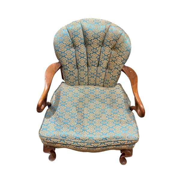 Vintage Wood Framed Arm Chair with Blue Brocade Upholstery