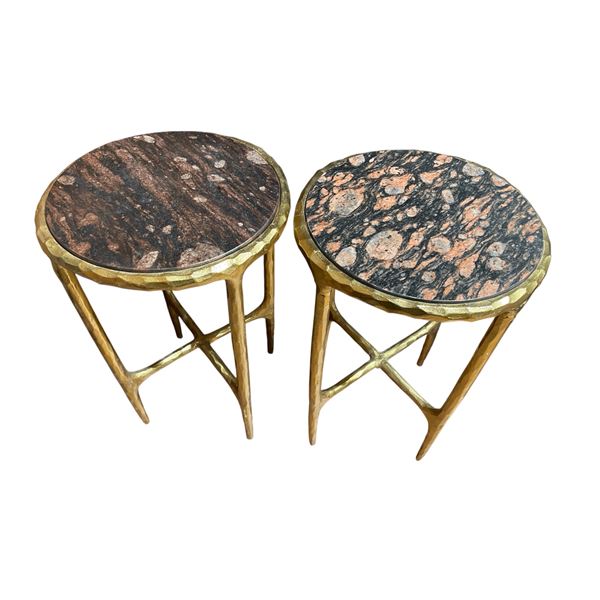 Pair of Marble Topped Accent Tables with Golden Metal Frames (22" tall x 15" diameter)