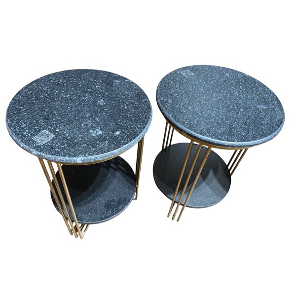 Pair of 2-Tier Marble Topped End Tables with Metal Frames (22" tall x 16" diameter)
