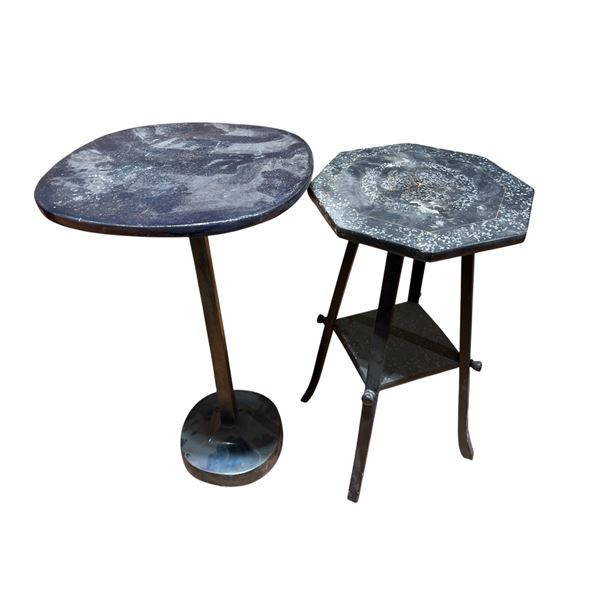2 Vintage End Tables * Blue metal mid-century is 24" tall x 13" diameter * Black painted wood with M