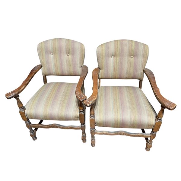 Pair of Vintage Wood Arm Chairs with Neutral Striped Upholstery