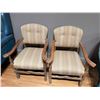 Image 2 : Pair of Vintage Wood Arm Chairs with Neutral Striped Upholstery