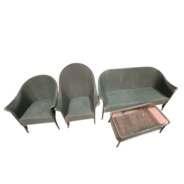 Vintage 4 Piece Wicker Patio Set Painted Blue * Metal Frames (Sofa, 2 arm  chairs and a glass topped