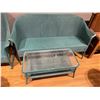 Image 3 : Vintage 4 Piece Wicker Patio Set Painted Blue * Metal Frames (Sofa, 2 arm  chairs and a glass topped