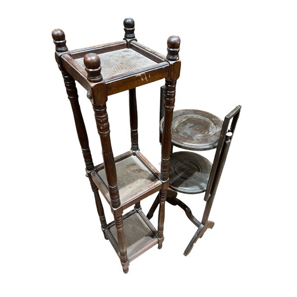 1 Oak and 1 Mahogany Plant Stand / Curio Shelf (Tallest is 10" x 10" x 42" tall)