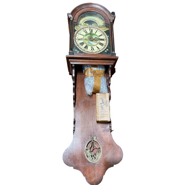 Antique Wall-Hanging Clock with Hand Painted Face * Has its weights (8" x 16" x 52" tall)