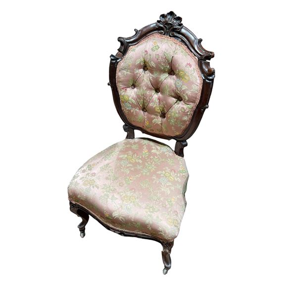 Victorian Rococo Revival Chair with Button Tufted Pink Floral Upholstery