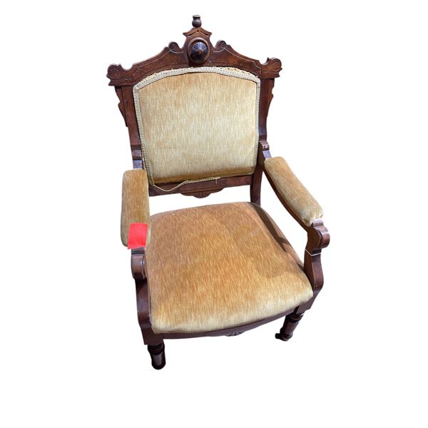 Renaissance Revival Mahogany Gentlemen's Chair - Reupholstered with Gold Velveteen Upholstery