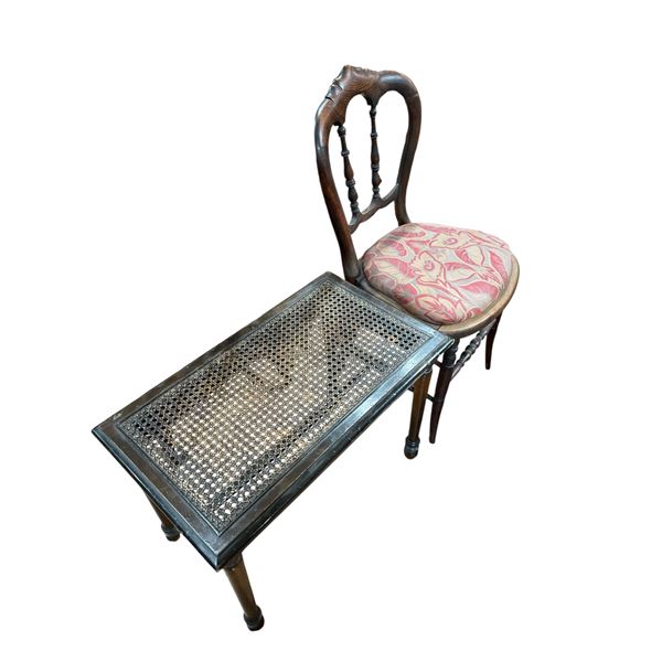 Petite Antique Oak Side Chair & Vintage Wicker Top End Table (Chair is 18" tall at the seat and end 